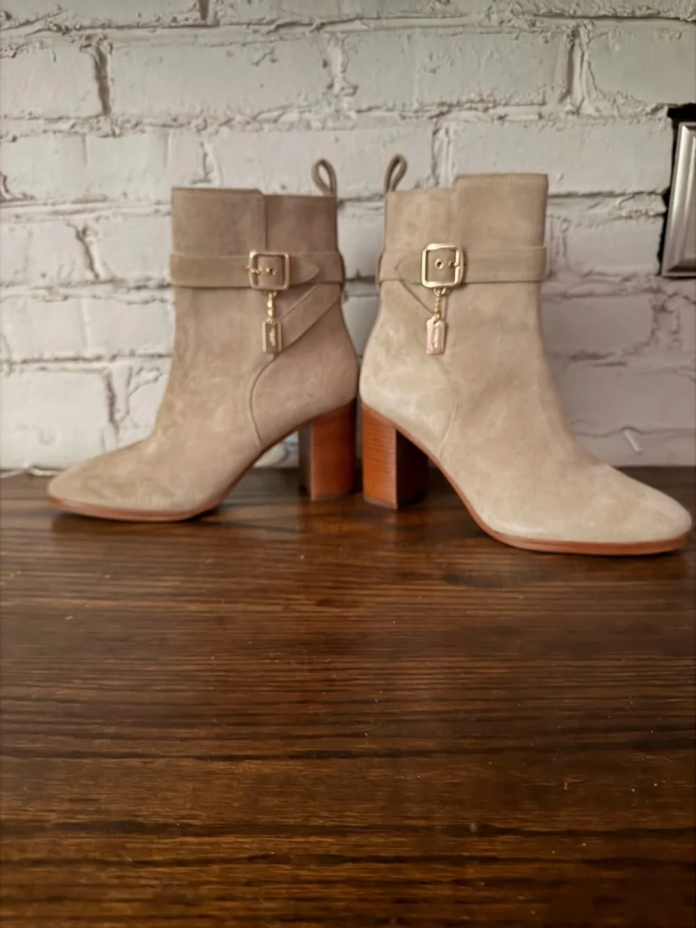 Coach Taupe Suede Ankle Booties with Buckle Charm - Picture 13 of 14